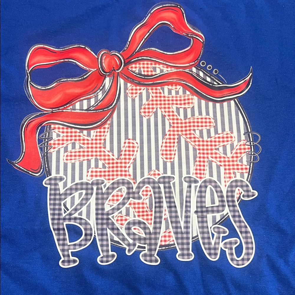 Gildan Blue Short Sleeve Tee with Red Bow and White/Gray Plaid 'Braves' Graphic